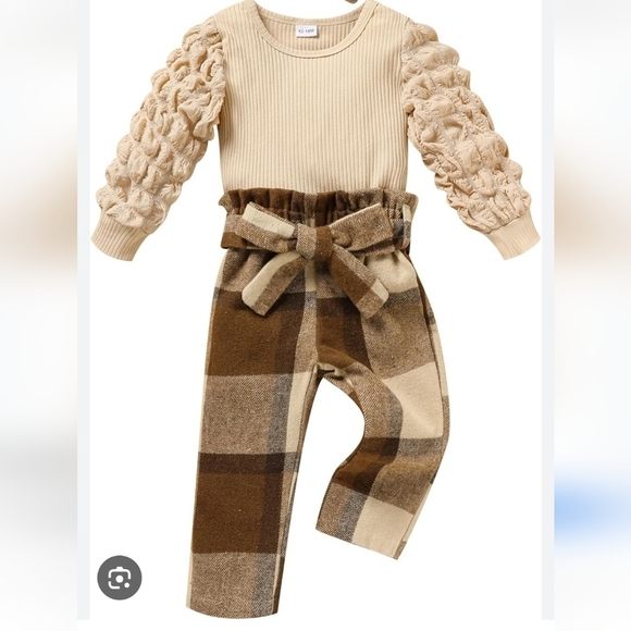 None Other - NWOT Stylish Kids Plaid Bottoms & Top Set - Beige and Brown 18-24 Months
